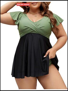 Plus Size Tankini Swim Dress Tummy Control Two Piece Bathing Suit High Waisted